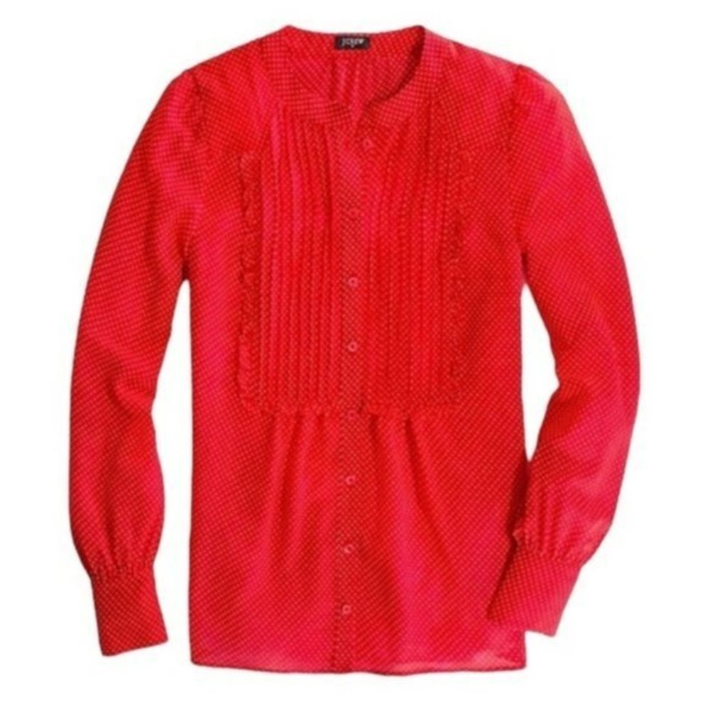 J. Crew Factory Red and White Polk Dot Pintuck Ruffle Long Sleeve Preppy Blouse